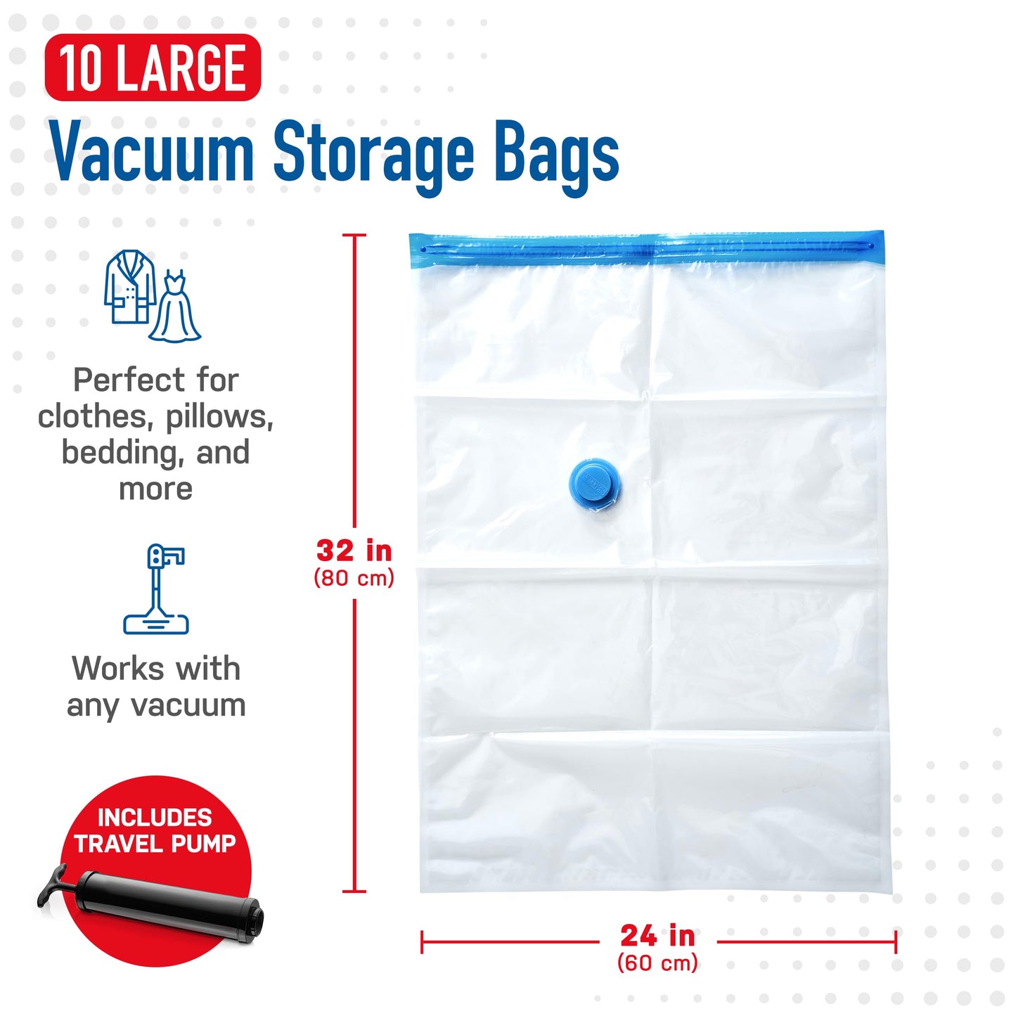 10 Pack Large Vacuum Storage Bags for Comforters, Blankets & Clothes – Vacuum Sealed Compression Bags with Hand Pump – Space Saver Storage Bags for Bedding, Moving, Travel & Organization