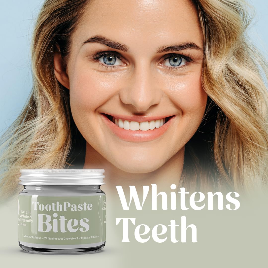 Whitening Toothpaste Tablets with Nano Hydroxyapatite, Fluoride Free, Plastic Free, Eco & Best Travel Friendly Chewable Mint Toothpaste Bites | 62 Count