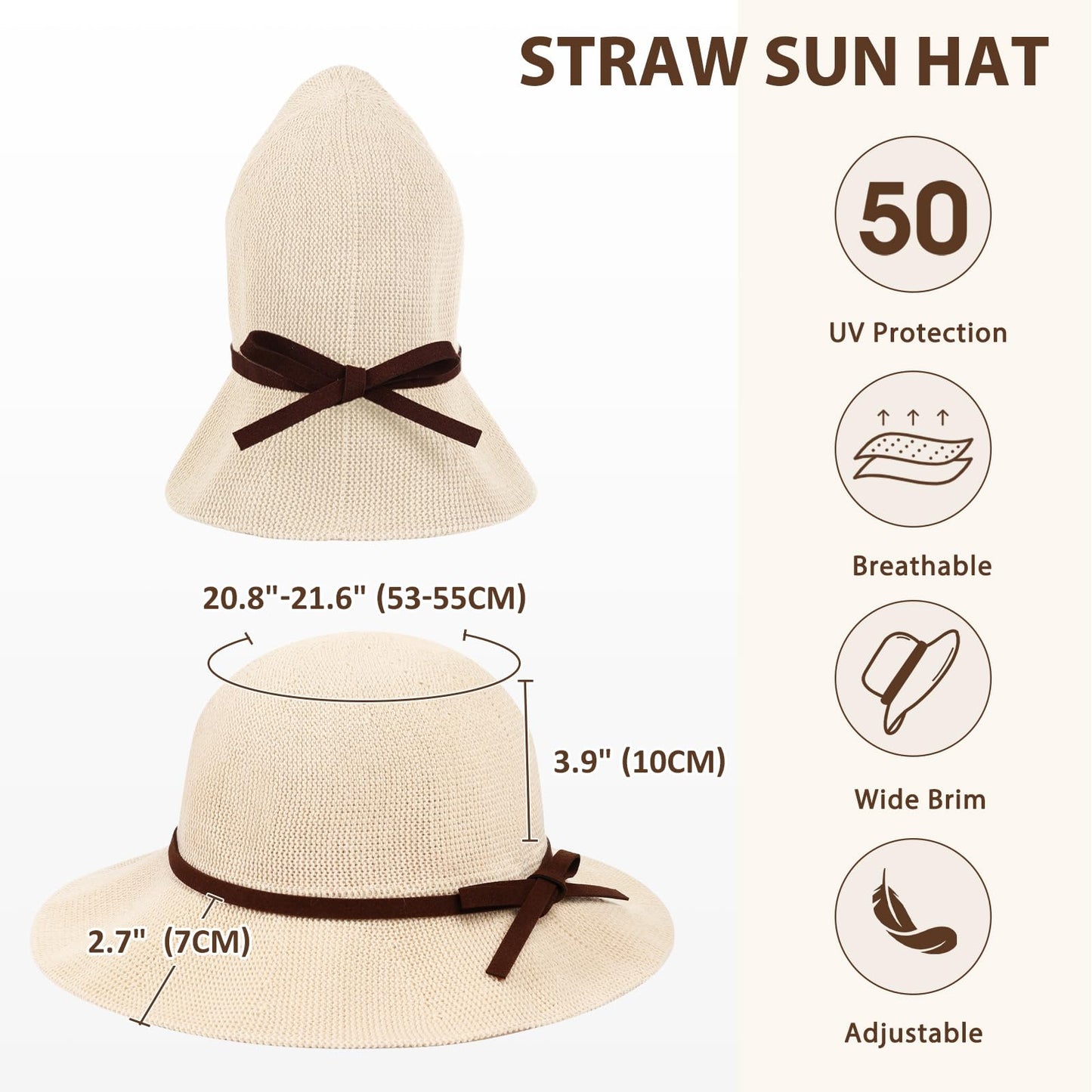 Sun Beach Hats Summer for Women, UPF 50+ UV Sun Protection Wide Brim Woven Crochet Hat Foldable Packable Roll up Knitted Cap, Beige