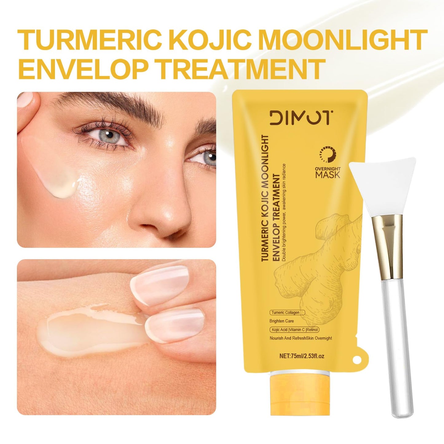 Turmeric Collagen Night Wrapping Mask with Retinol - Hydrating, Firming & Glowing Facial Mask Nourishes Skin, Refines Skin Texture - Turmeric Peel off Mask With Brush for All Skins, 2,53 fl.oz
