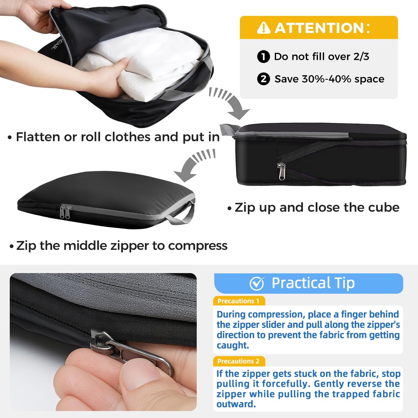 BAGAIL 4 Set/6 Set/8 Set Compression Packing Cubes Travel Accessories Expandable Packing Organizers (Cloth Pattern, 4-Black)