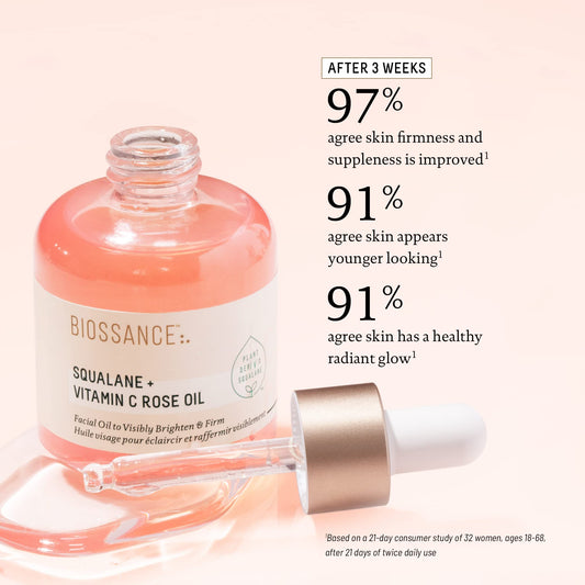 BIOSSANCE Squalane + Vitamin C Rose Advanced Facial Oil - Brightening, Firming, and Hydrating Serum for All Skin Types - Chios Crystal Oil, Damascus Rose Extract & Squalane for Radiance - 0.5oz
