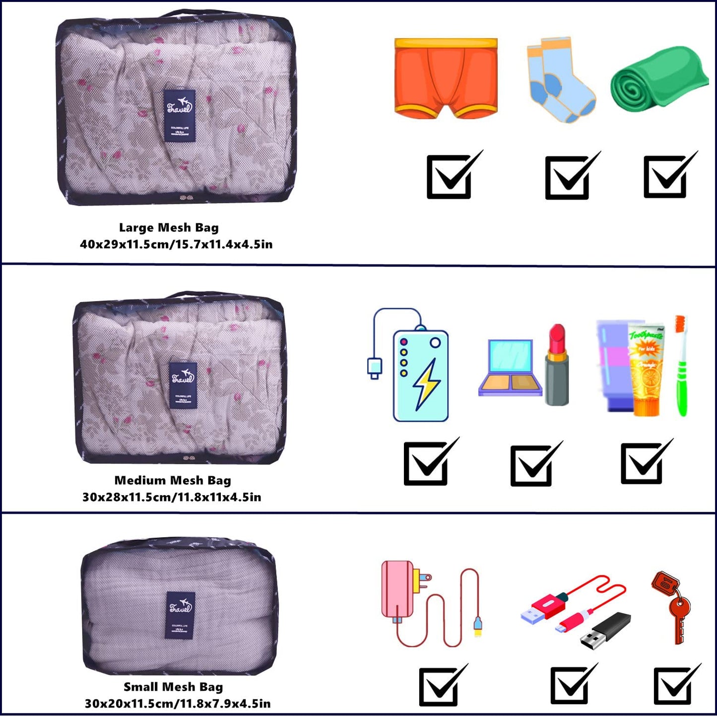 GUIFIER 6 PCS Travel Suitcase Organizer Bags, Travel Organizer Packing Cubes Set Laundry Bags, Travel Clothes Storage Bag, Packing Organizer Compression Pouches for Traveller(Navy Blue Feather)