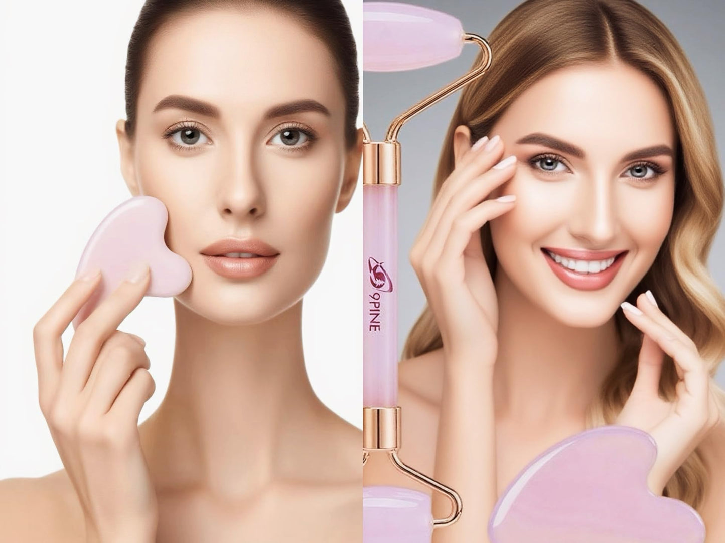 9 9PINE Jade Roller and Gua Sha Set, Face Massage Tools for Skincare,Facial Tools for Face, Neck, Eyes, for Enhanced Lymphatic Drainage, Self Care Gift for Men Women(Pink)