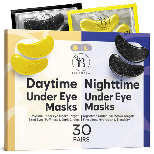 BLOOMORA Under Eye Patches for Puffy Eyes and Dark Circles, Gel Eye Masks with Caffeine, Collagen & Vitamin C, Deeply Moisturizing, Bachelorette Party Favors, Bridesmaid Gifts (30 Pairs, Day & Night)