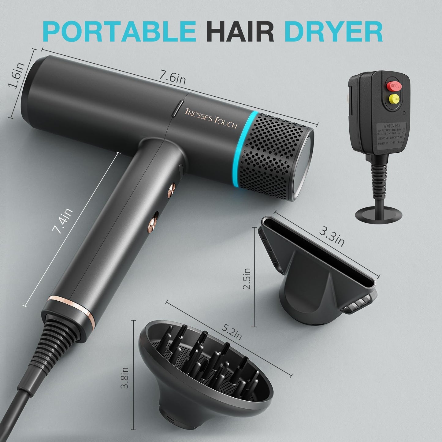 Professional Hair Dryer, High Speed Portable Ionic Hair Blow Dryer with Diffuser for Women & Men, 3 Temps/2 Speeds, 6.56 Ft Cord, Best for Straight & Wavy Hair, for Home Travel, Black