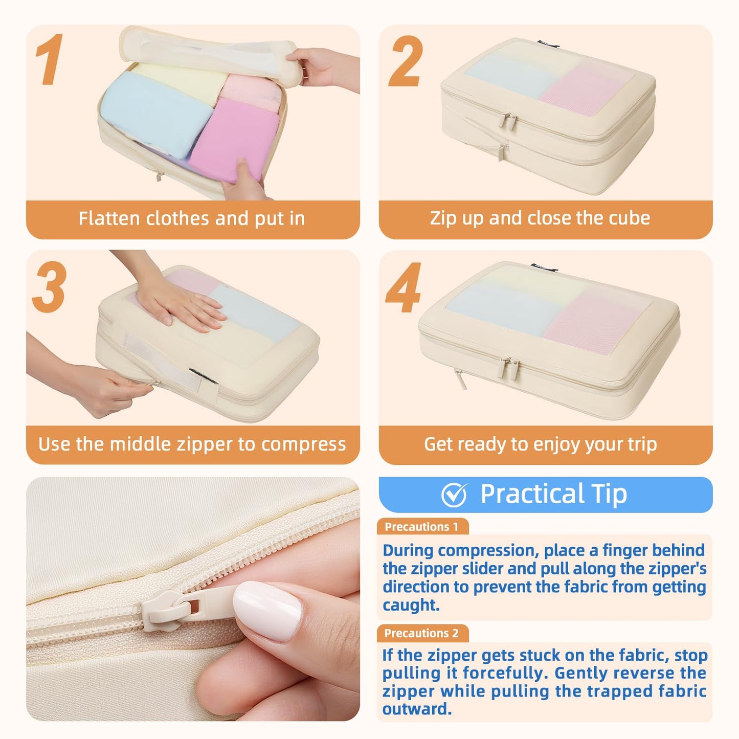 BAGAIL 4 Set/6 Set/8 Set Compression Packing Cubes Travel Accessories Expandable Packing Organizers (Square Mesh, 06-Beige)