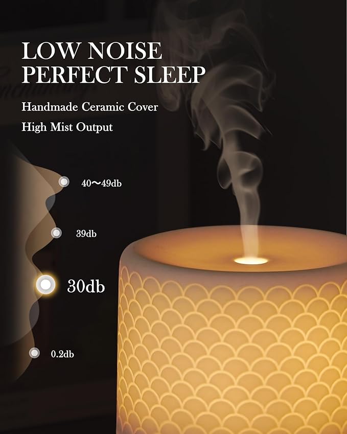 Ceramic Essential Oil Diffuser 280ml- Aromatherapy Diffuser with Ultrasonic Cool Mist Humidifier, Night Light, Timer, Auto Shut-Off, Large Room Aroma Diffuser for Home, Bedroom, Office, Yoga