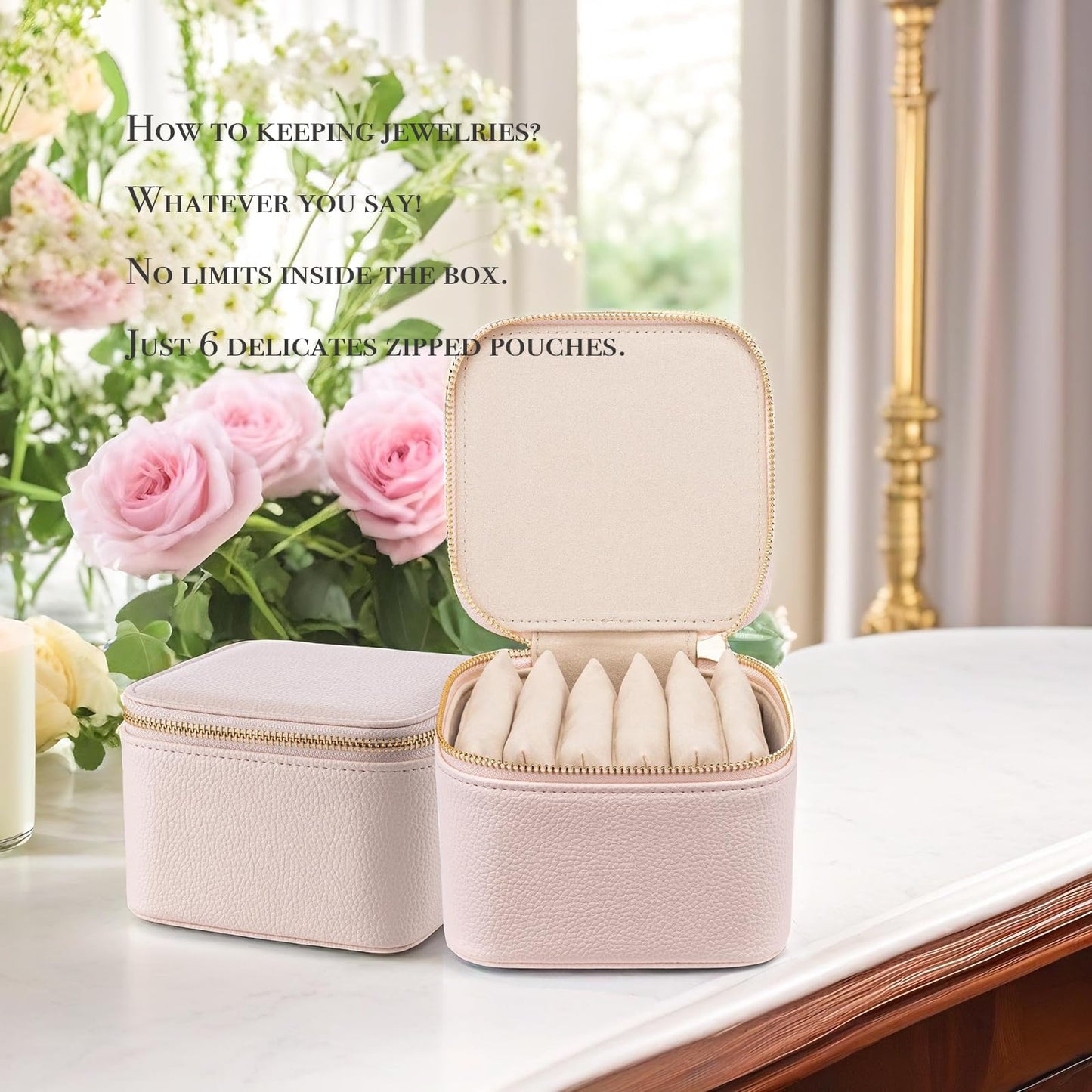 Vlando Travel Jewelry Box Organizer - 6 Small Velvet Zipped Pouches Pockets for Jewelries Necklaces Rings Earrings Sorting Storage, Rosy Mauve