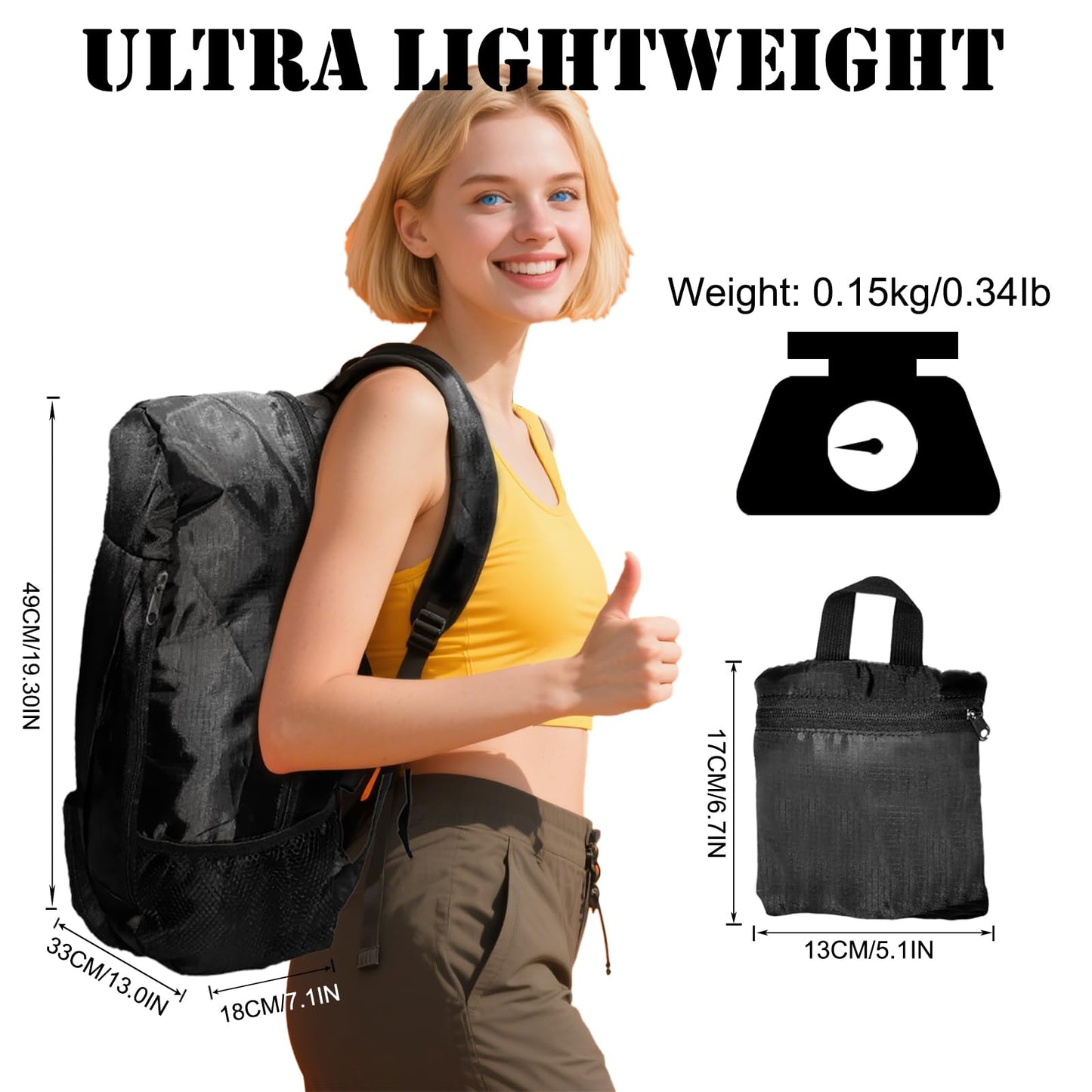 Ultra Lightweight Hiking Backpack 30L, Travel Packable Daypack Foldable Small Backpacks for Women Men(Black)