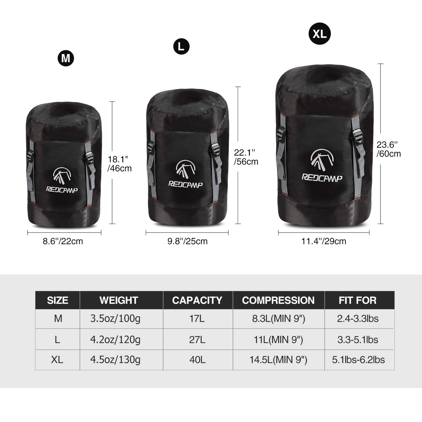 REDCAMP Compression Stuff Sack, 17L Lightweight Sleeping Bag Compression Sack Great for Backpacking, Hiking and Camping, Black