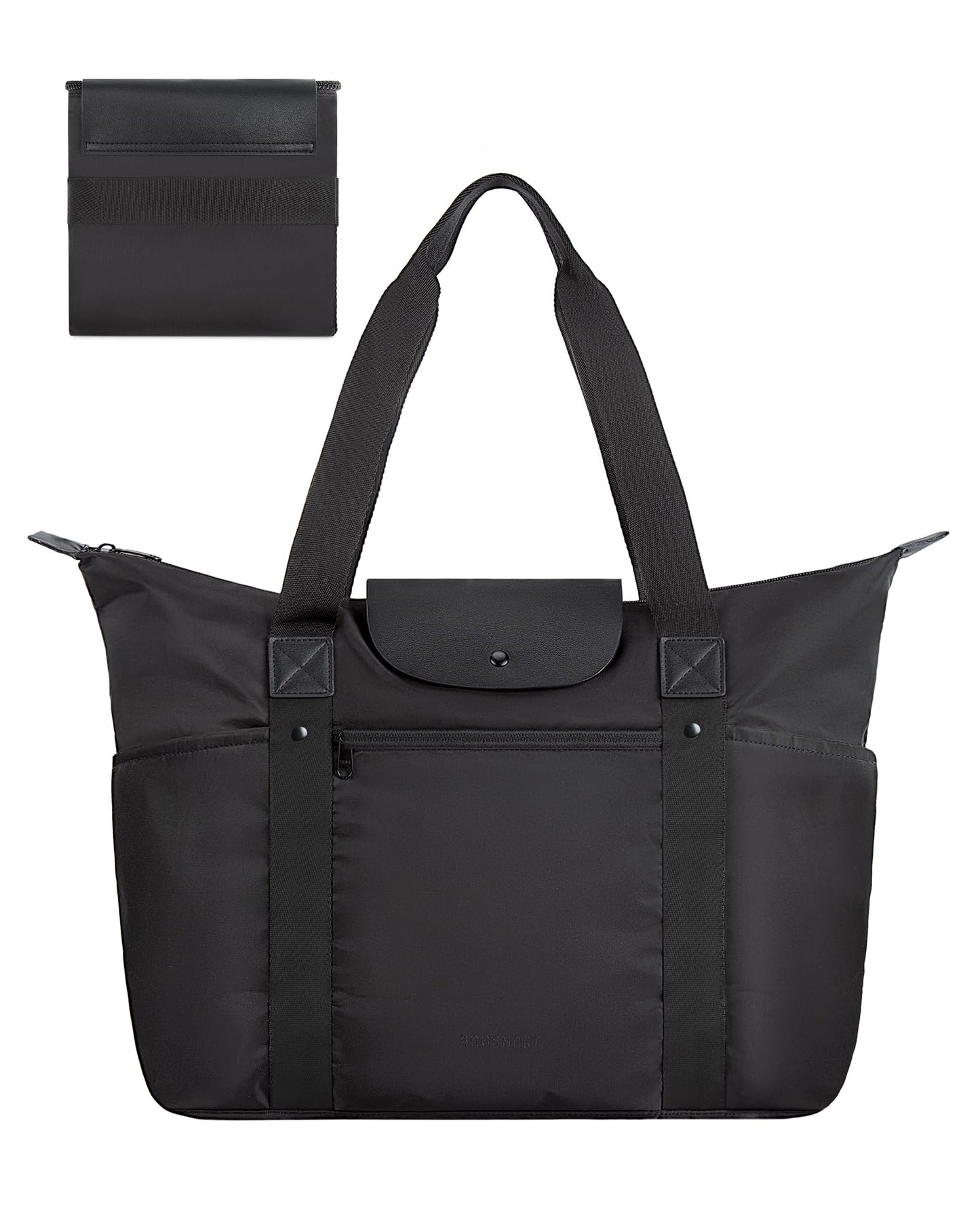 BAGSMART Foldable Tote with Compartments & Zipper, Ladies' Work & Travel Tote, Black