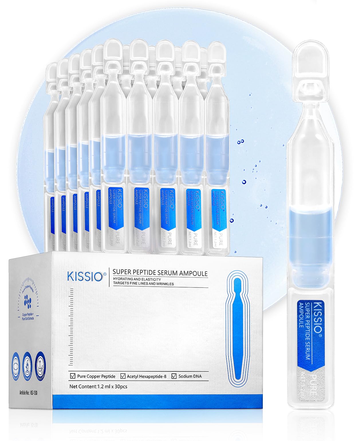 KISSIO Super Peptid Serum Ampoule,Face Moisturise with Copper Tripeptides,Collagen and Niacinamide,Hydration and Elasticity,Facial Serum for Fine Lines and Wrinkles,Makeup Base,1.2 ml x 30e