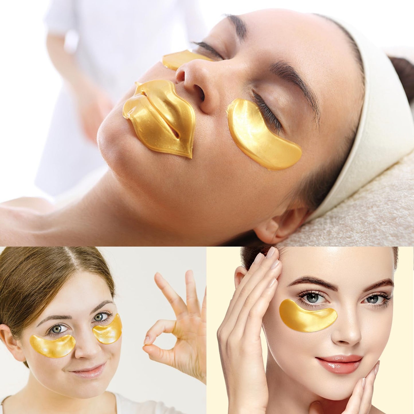 40 PCS Under Eye Patches and Gold Lip Mask 24K Gold Eye Mask for Puffy Eyes Collagen Lip Masks and Crystal Eye Mask Reducing Fine Lines for Women and Men