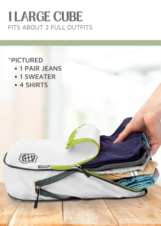 Compression Packing Cubes 2 Piece Set for Travel - Lightweight, Durable Clothes Organizer for Carry-On Luggage and Backpacks by TRIPPED Travel Gear (White and Green)