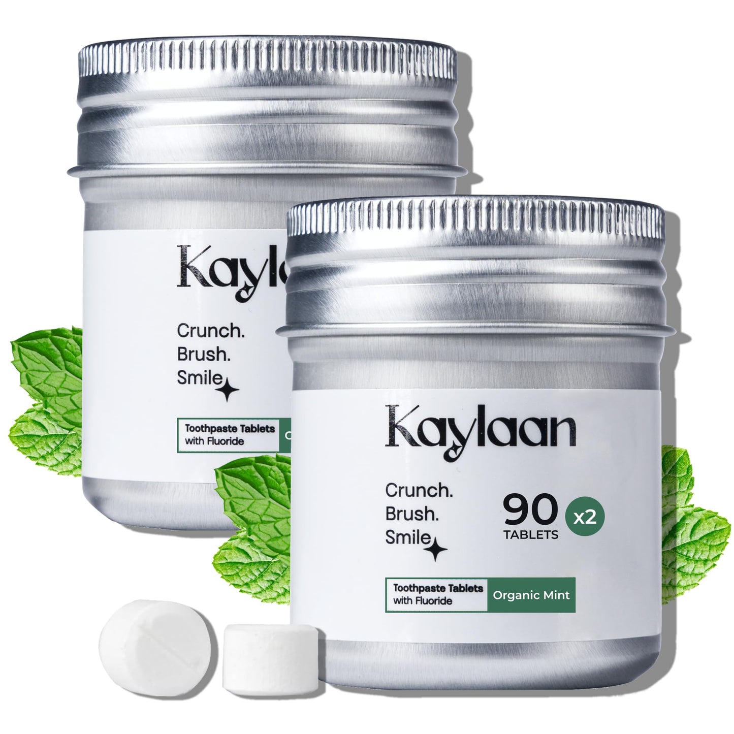 Kaylaan Toothpaste Tablets with Fluoride & Xylitol | Whitening, Sensitivity Relief & Enamel Remineralization | Chewable, Plastic-Free, Travel-Friendly - Mint, 180 Count (2 x 90), Made in USA