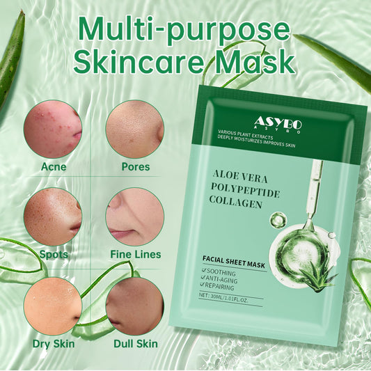 ASYBO Pack of 20 Collagen Face Mask, Aloe Vera Polypeptide Collagen Facial Masks Skincare, Moisturizing Facial Sheet Mask for Acne, After Sun, Claming, Anti-Aging and Anti-Wrinkle
