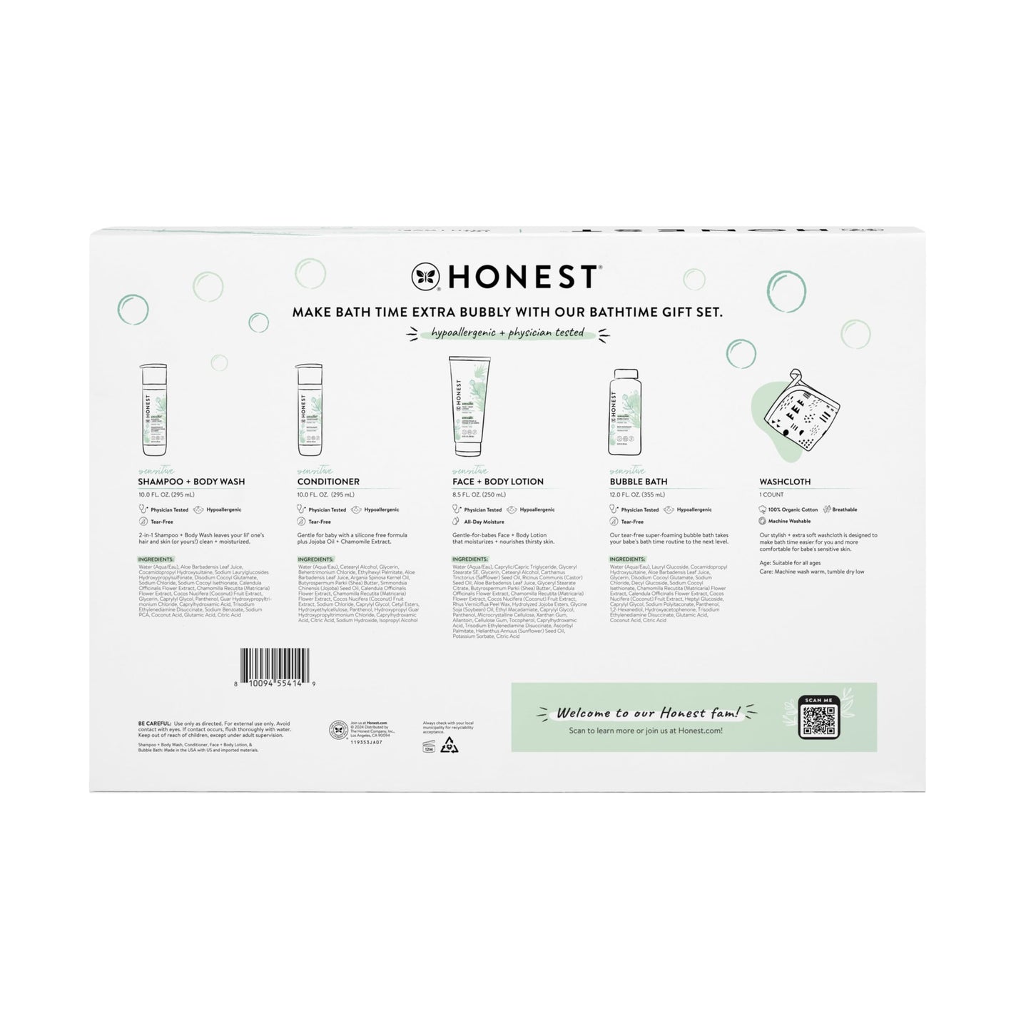 The Honest Company Fragrance Free Bathtime Gift Set | Hypoallergenic Bath Essentials for Sensitive Skin | Shampoo + Body Wash, Face + Body Lotion, Bubble Bath, Conditioner, Wash Cloth