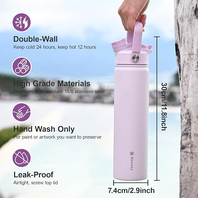 24 oz Insulated Water Bottle, 2-in-1 Lid, Straw & Spout with Protected, Leak Proof, Keep Cold, Stainless Steel, Metal, Reusable, Handle, for Travel, Gym and School, 2 Lids, Pale Mauve