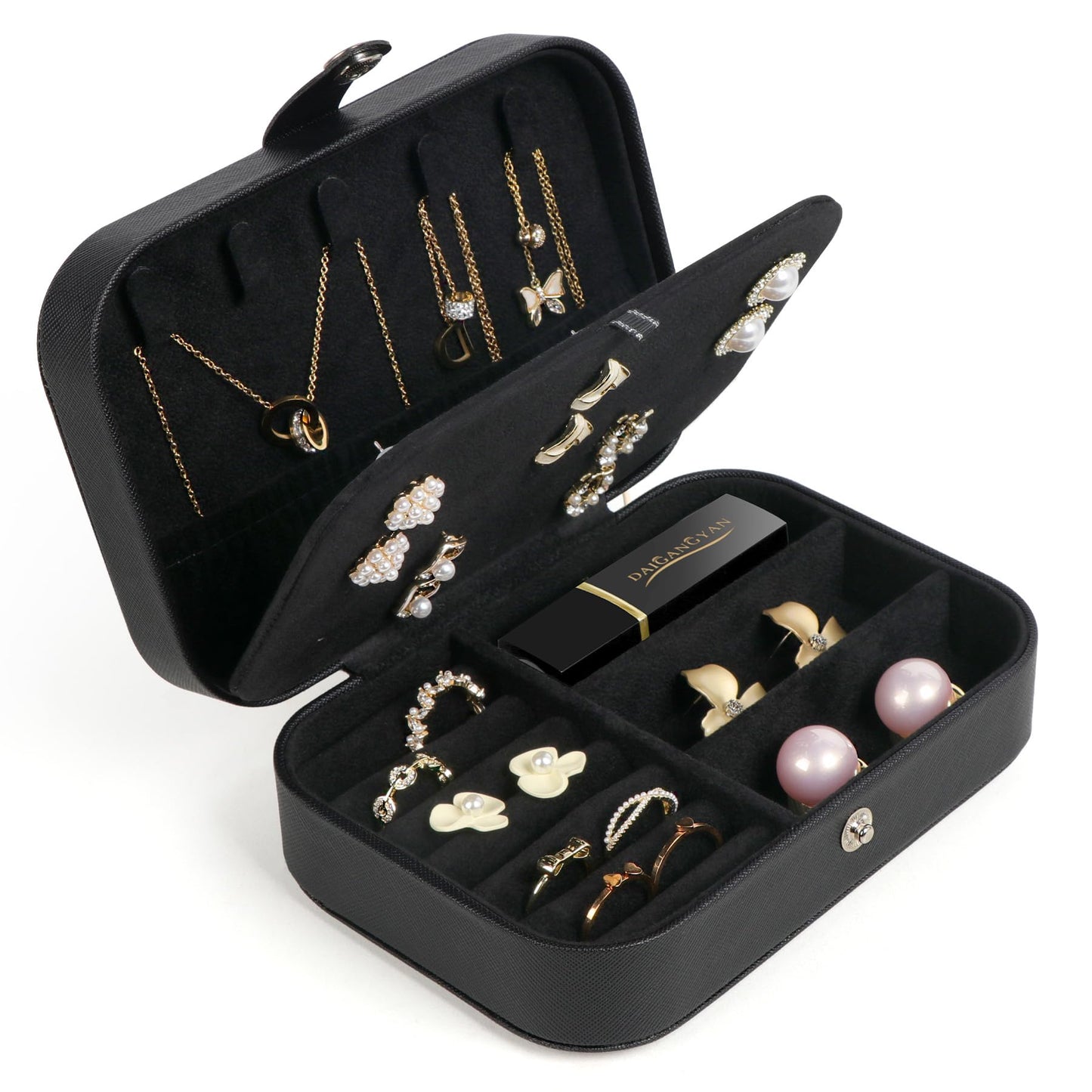 Travel Jewelry Box, Small Jewelry Organizer Boxes for Women Girls, 2 Layer Travel Jewlery Case, PU Leather Mini Portable Jewerly Storage Display Holder for Earrings, Ring, Necklaces, Bracelets - Black