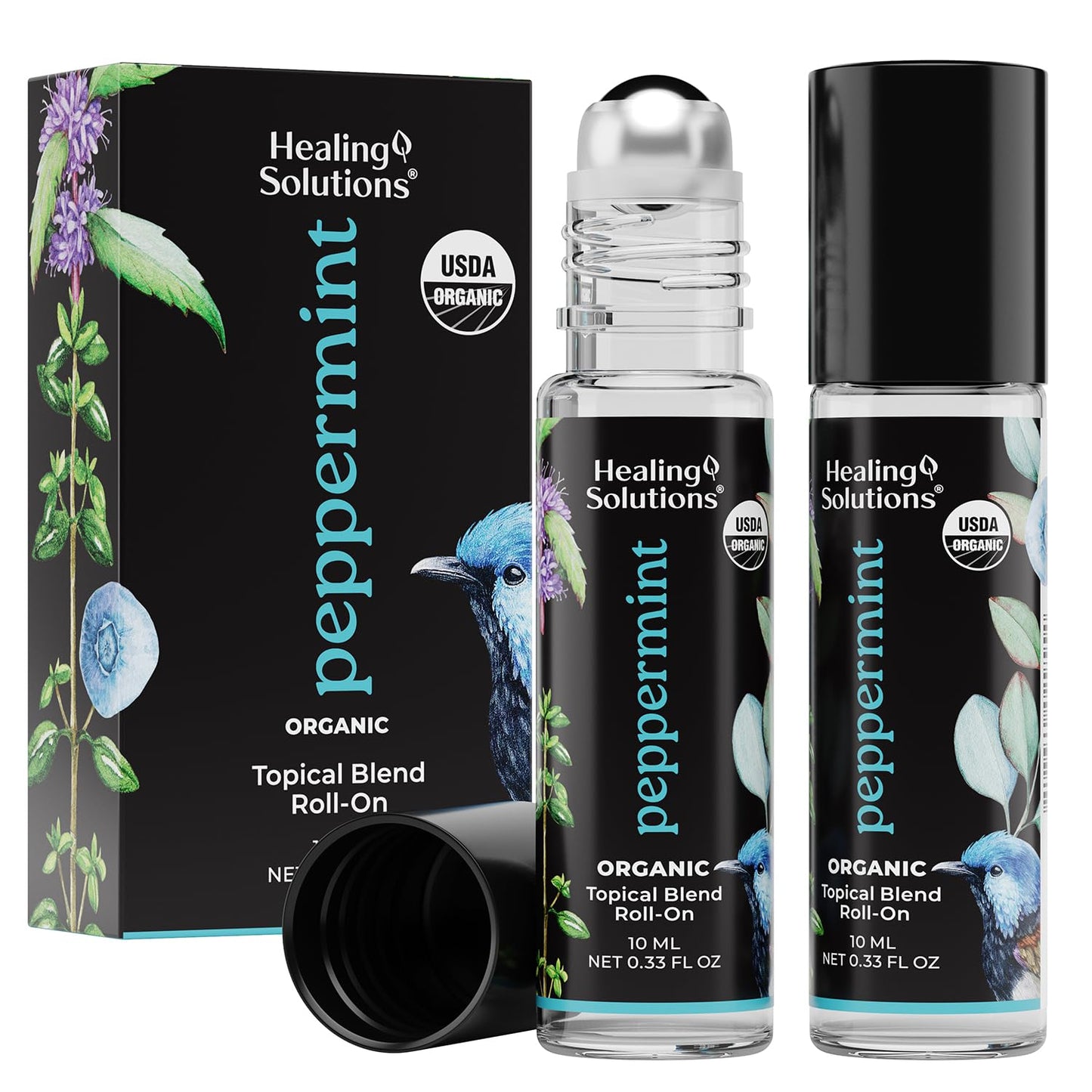 Healing Solutions (2 Pack) USDA Certified Organic Peppermint Essential Oil Roll-On Set for Body & Skin Care - Peppermint Essential Oil Roller