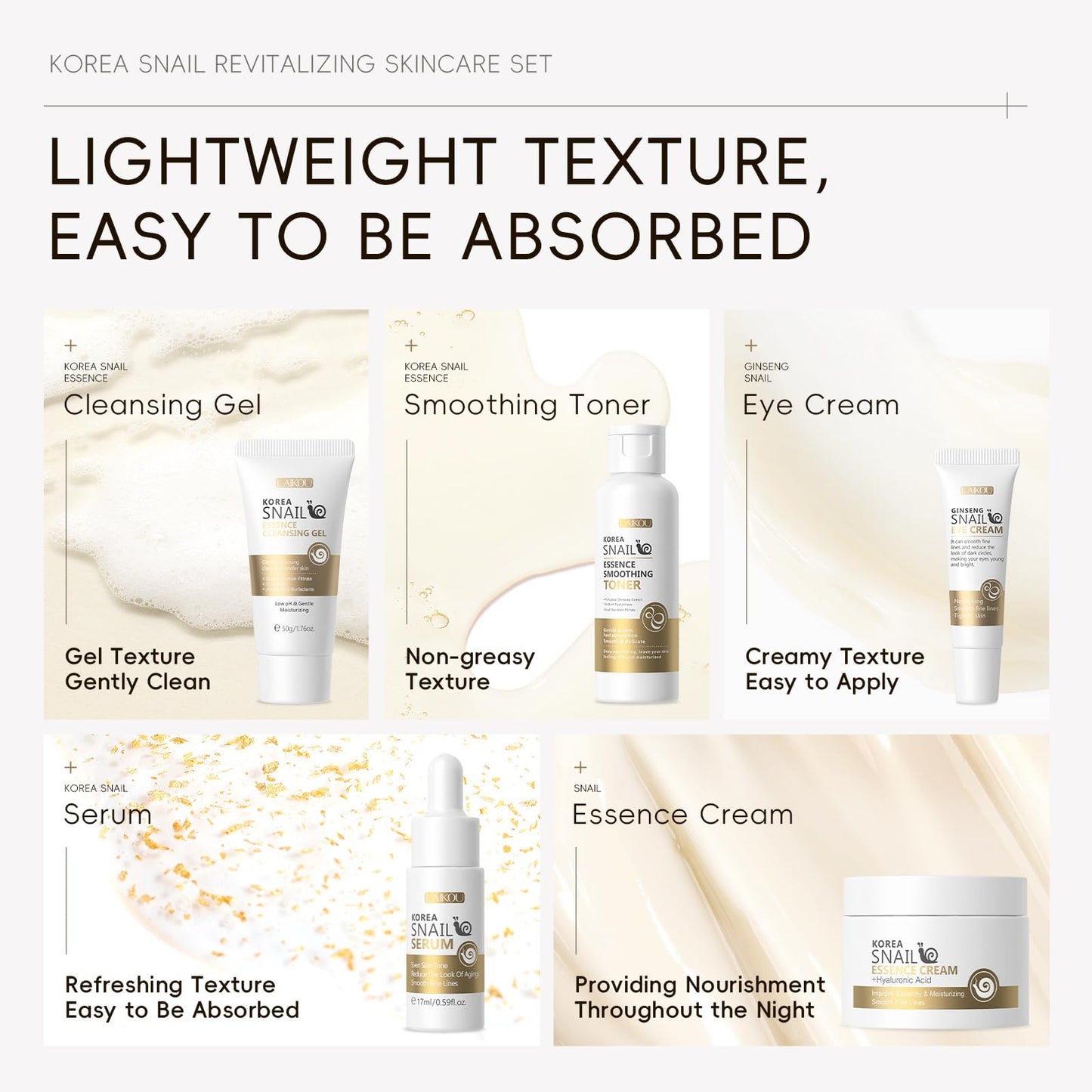 Korean Snail Essence Skin Care Kit,Skincare Gifts for Women,Include Gentle Cleanser,Toner,Eye Cream,Serum,Cream,Long-Lasting Moisturizing & Nourishing,Minimizes the Look of Wrinkles