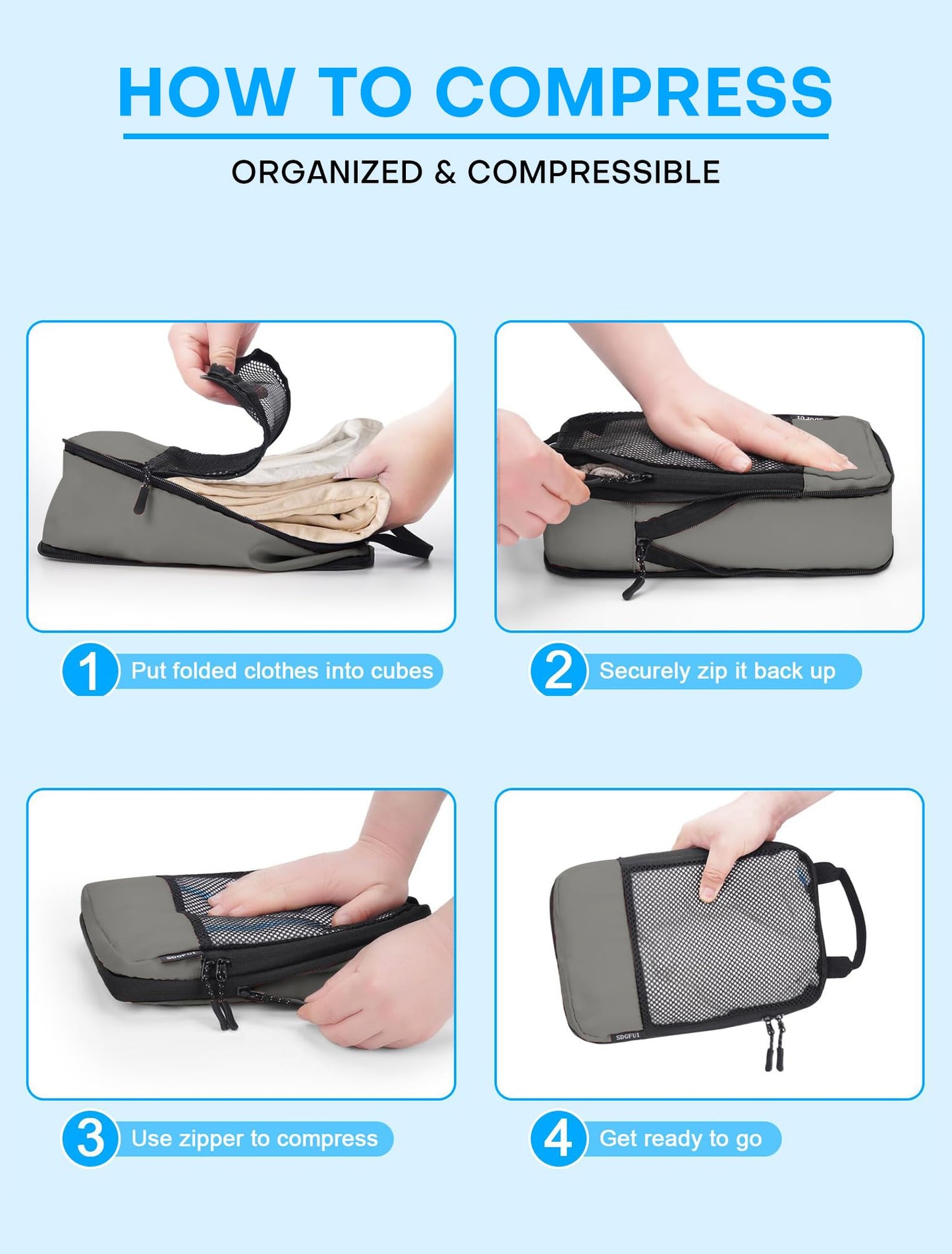 4 PCS Set Compression Packing Cubes for Travel, Lightweight Packaging Organizer Bags for Carry On Space Saving, Travel Essentials Cubes for Suitcase Backpack, Grey