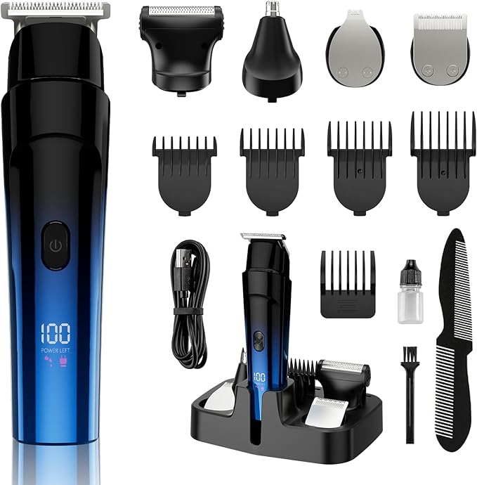 Beard Trimmer for Men, 5-in-1 Cordless Hair Clipper Kit with Foil Razor, Waterproof Body, Nose & Ear Groomer, Precision Trimming for Beard, Hair & Body Care (Blue)
