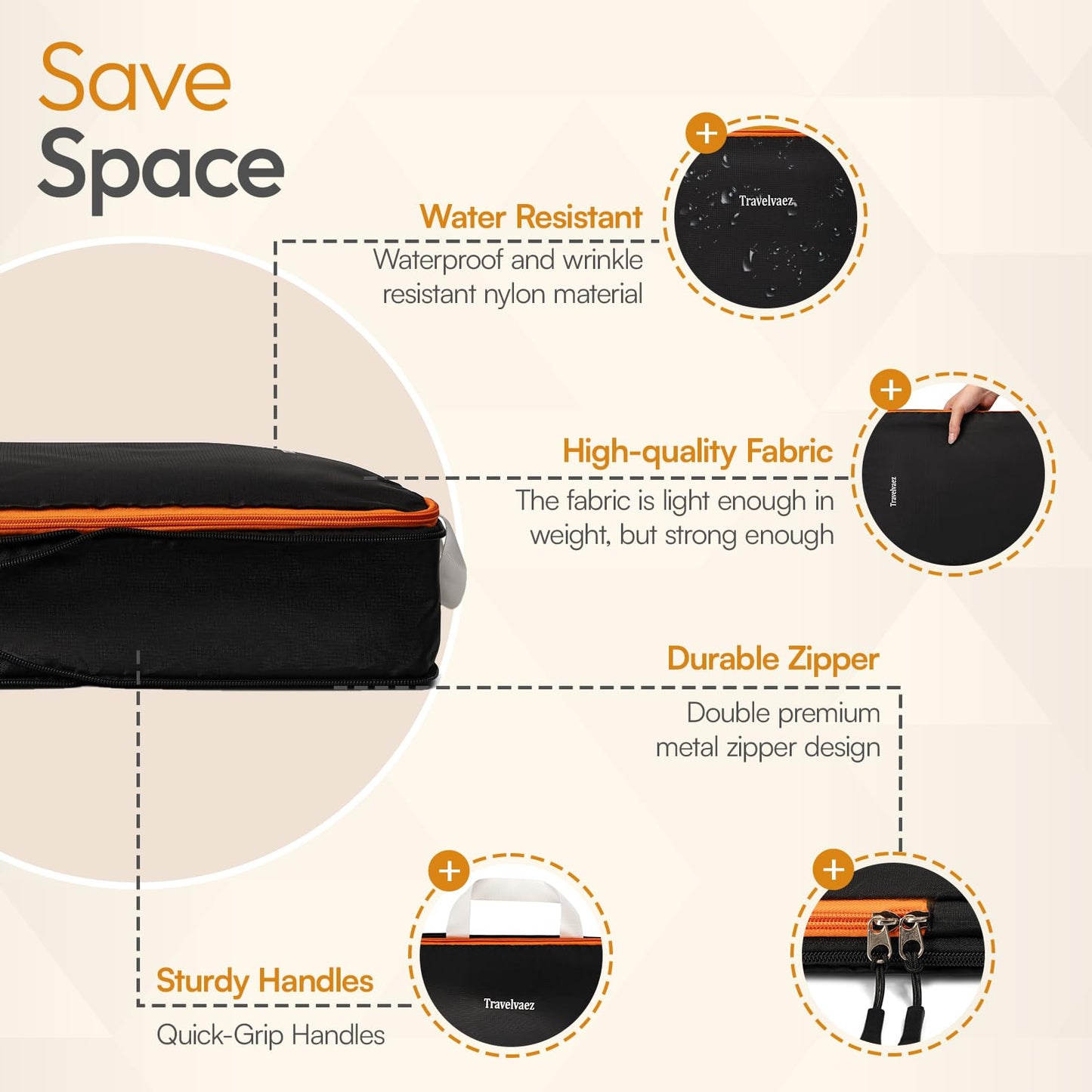 Travelvaez 6 Set Large Compression Packing Cubes, Durable Clothes Organizer for Suitcases and Carry-On Luggage, Expandable and Lightweight Packing Cubes for Travel Compression with Laundry bag, Black