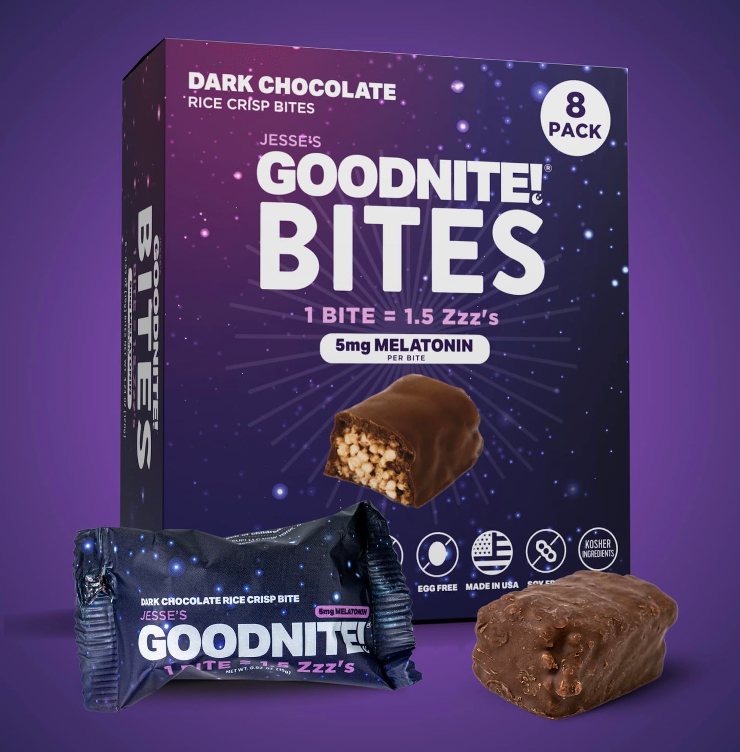 GOODNITE! Sleep Bites – Proprietary Blend with 5mg Melatonin & L-Theanine – Vegan, Gluten-Free, Kosher – Dark Chocolate Protein Snack for Restful Sleep – 8 Pack
