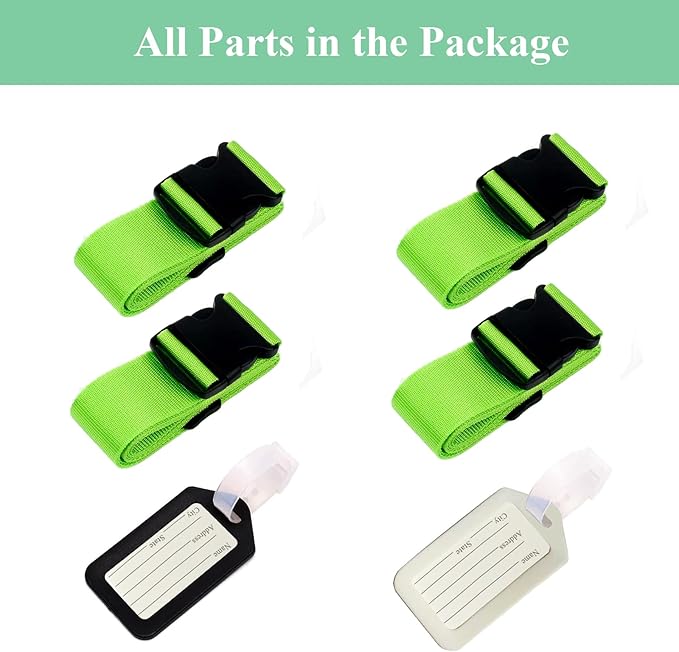 4PCS Luggage Straps for Suitcases & 2PCS Tags Set for Easy Identification,Travel Accessories for Safety,Luggage Strap for Travel Suitcase & Bag Closure,Green
