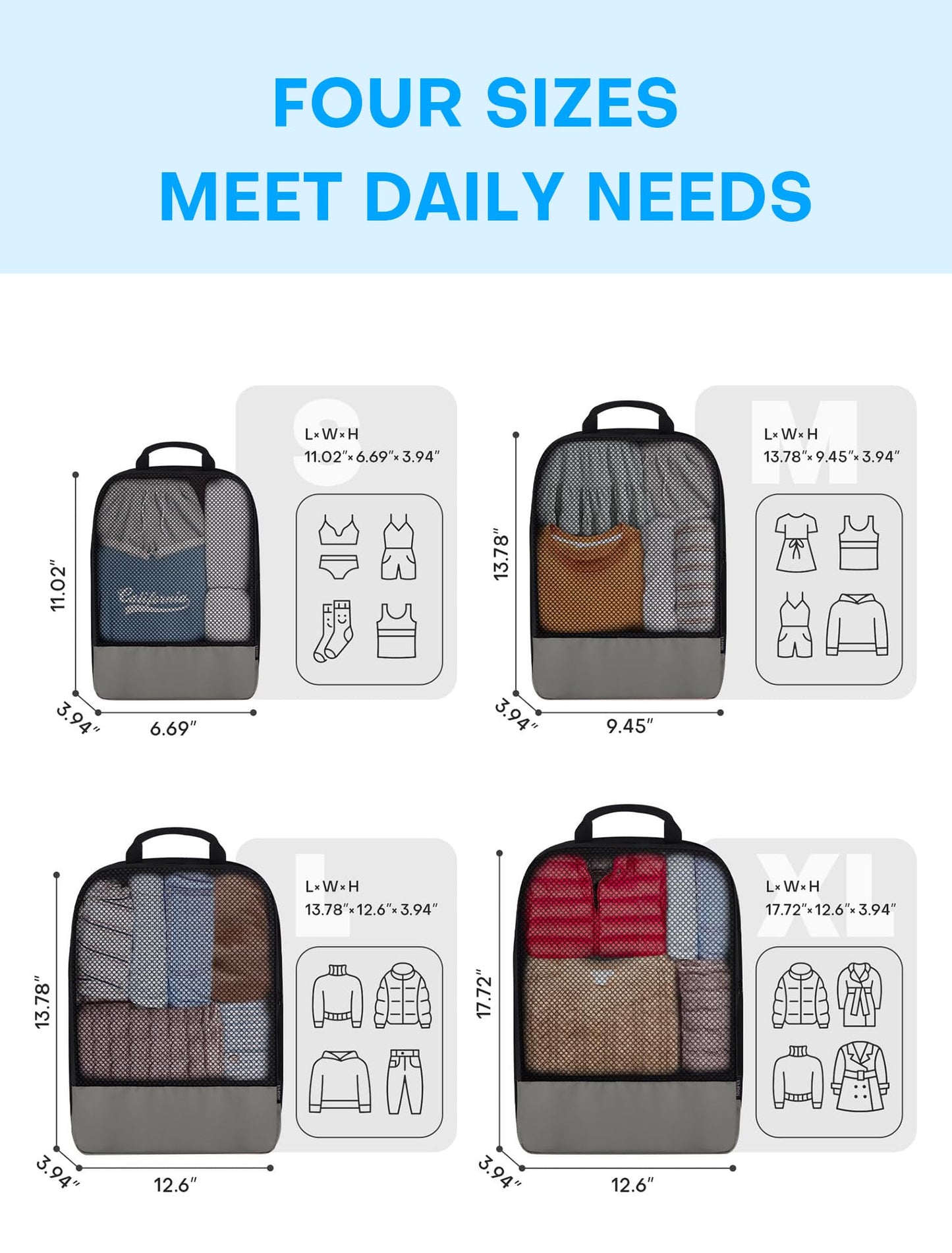 4 PCS Set Compression Packing Cubes for Travel, Lightweight Packaging Organizer Bags for Carry On Space Saving, Travel Essentials Cubes for Suitcase Backpack, Grey