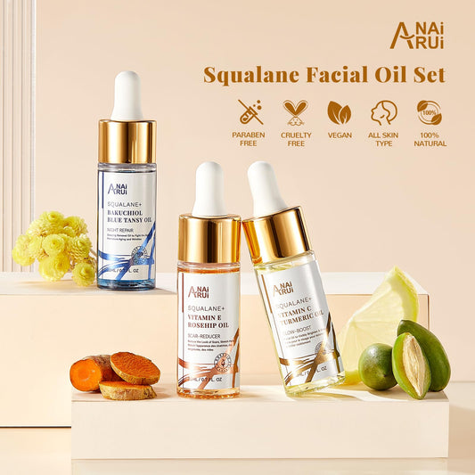 ANAI RUI Squalane Facial Oil Set,Face Oil Gift Set, Vitamin E Rosehip Oil +VC Turmeric Oil +Bakuchiol Oil,Soothing ,Stocking Stuffer for Women 20 ML/ 0.7fl.oz Each 3 Pack