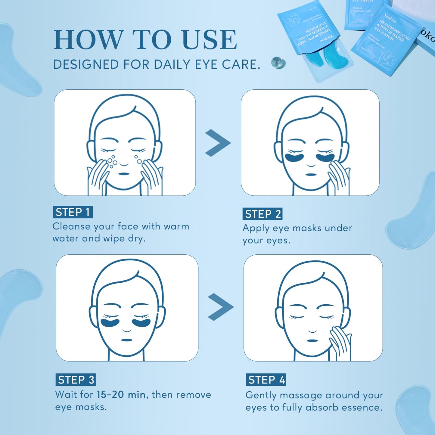 Yeokoe Under Eye Patches for Dark Circles,Puffy Eyes,20 Pairs Face Masks SkinCare With Hyaluronic Acid Witch Hazel for Moisturize