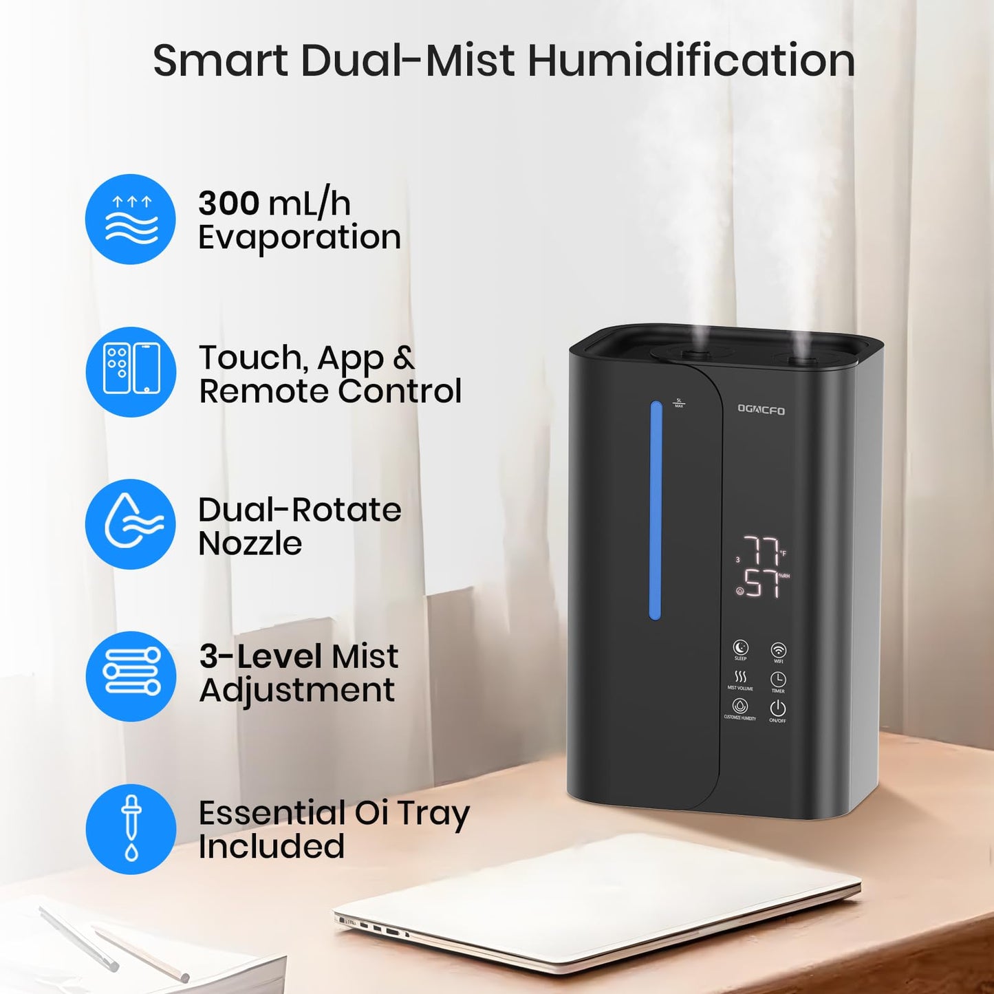 OGACFO 5L Cool Mist Humidifiers for Bedroom Large Room, Top Fill Ultrasonic Smart Air Humidifier for Baby & Plants with Essential Oil Diffuser, 50H Runtime 28 dB Quiet Baby Humidifier