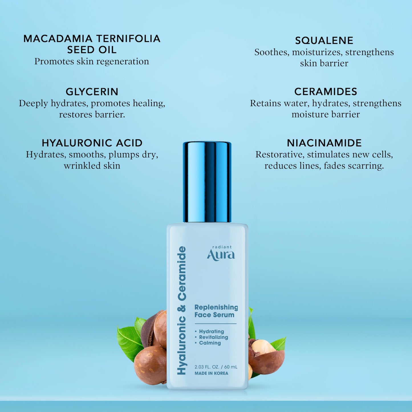 Radiant Aura Facial Serum with Hyaluronic Acid & Ceramide - Dermatologist Tested Korean Serum for Glowing Skin - Hydrating, Calming & Skin Barrier Repair - Suitable for Sensitive Skin - 2 Fl. Oz