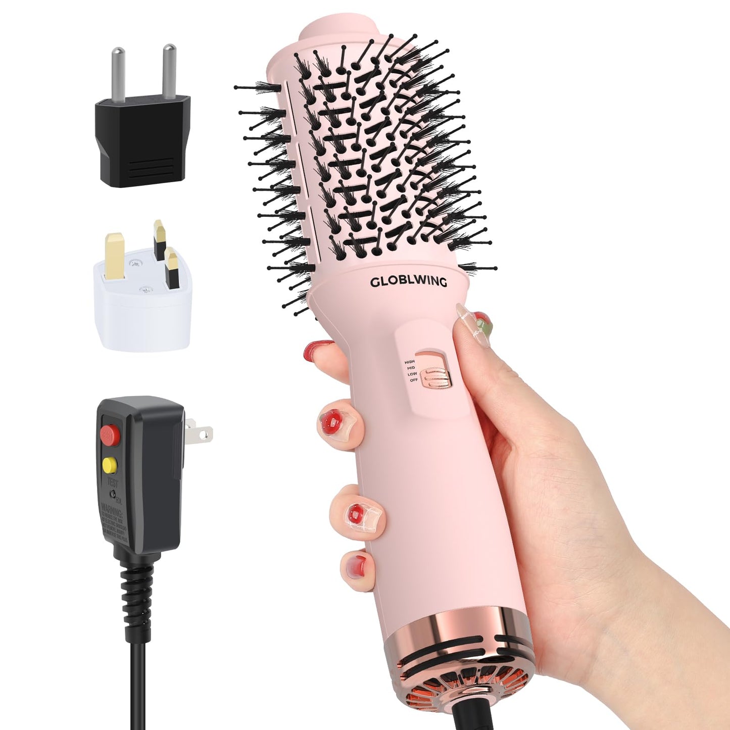 GLOBLWING Travel Dual Voltage Hair Dryer Brush Compact Mini Hot Air Brush with European Plug One Step Blow Dryer and Styler for Women, Oval Barrel 3 Heat & 2 Speed Settings