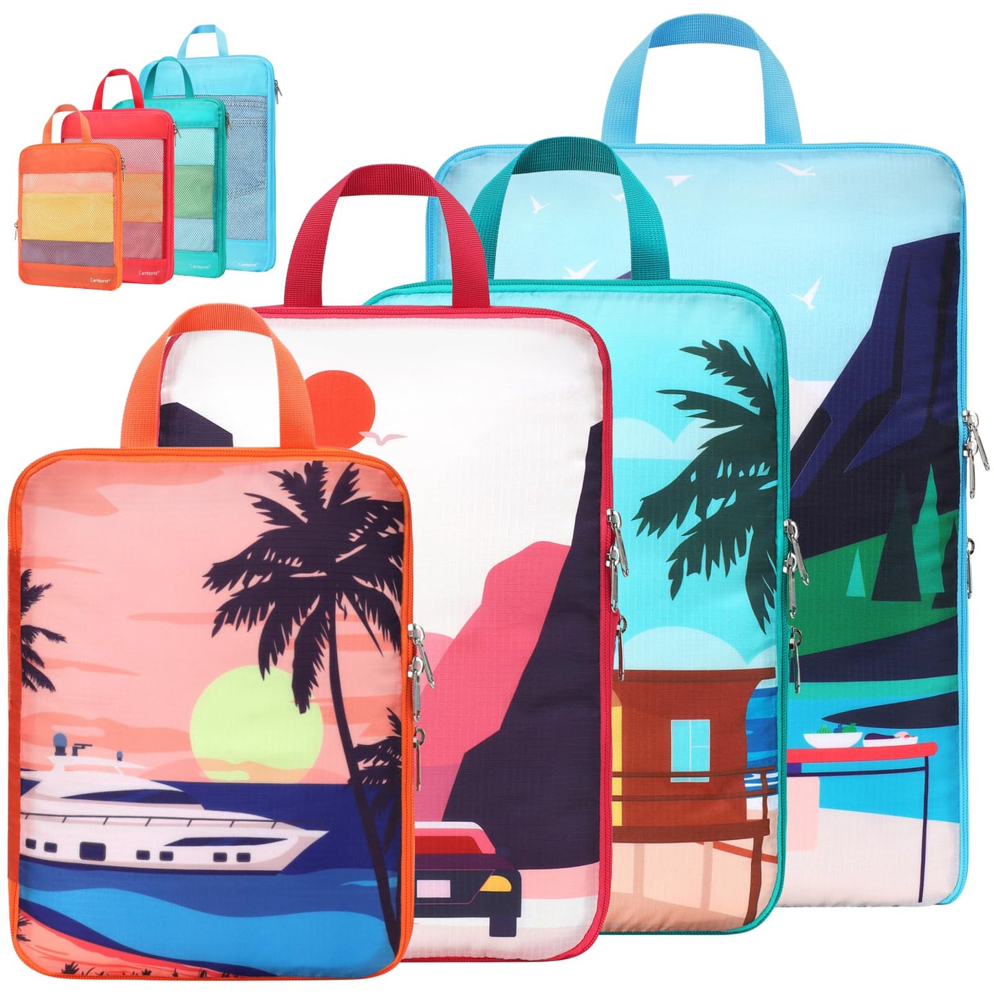 Cambond See Through Mesh Compression Packing Cubes for Travel Women - 4 Set Compression Cubes for Travel, Lightweight Expandable Packing Organizers for Luggage Suitcases, Tourist Landscape