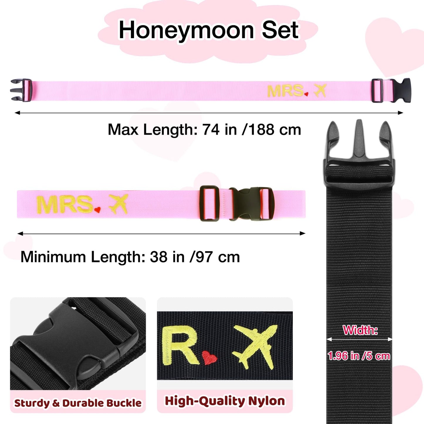 Mr and Mrs Luggage Straps for Suitcases with Matching Passport Holders, Honeymoon Wedding Travel Gift Set for Couples, Bridal Shower Gifts, Newlyweds, Bride, Valentine's Day (Black & Pink)