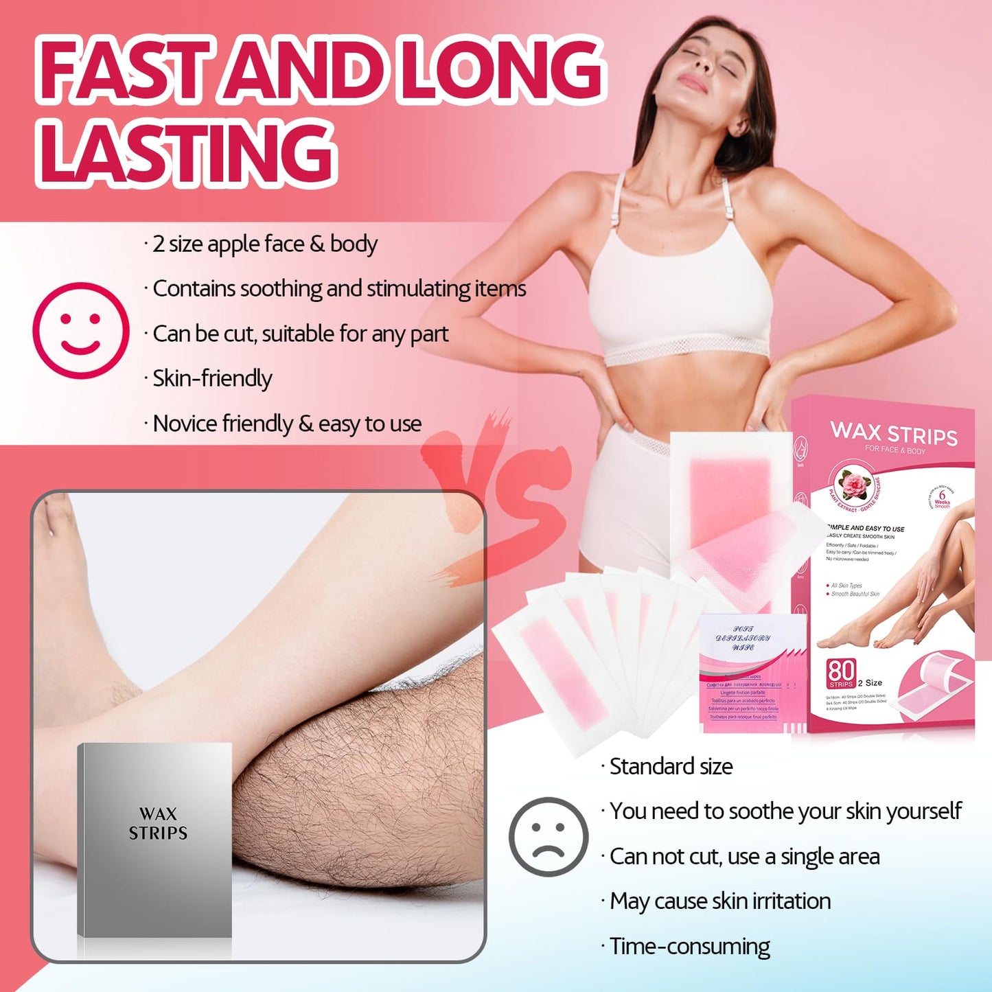 Wax Strips for Hair Removal, Wax Strips, Waxing Kit For Women Face, Body, Arms, Legs, Chest, Back, Bikini Wax Strips, Waxing Hair,Removeal Kit with 80PCS + 4 Calming Oil Wipes