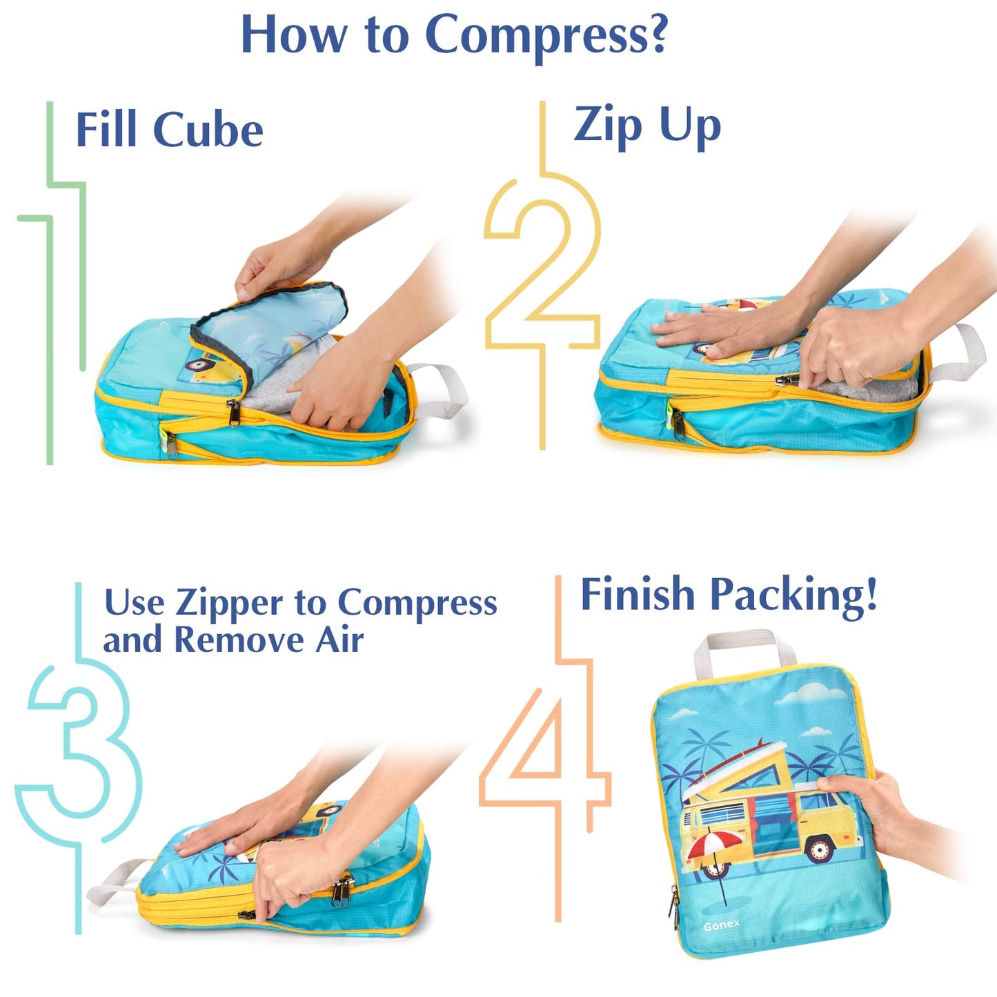 Gonex Compression Packing Cubes, 4pcs Expandable Storage Travel Luggage Bags Organizers, Travel Cubes for Suitcase Carry On (RV)
