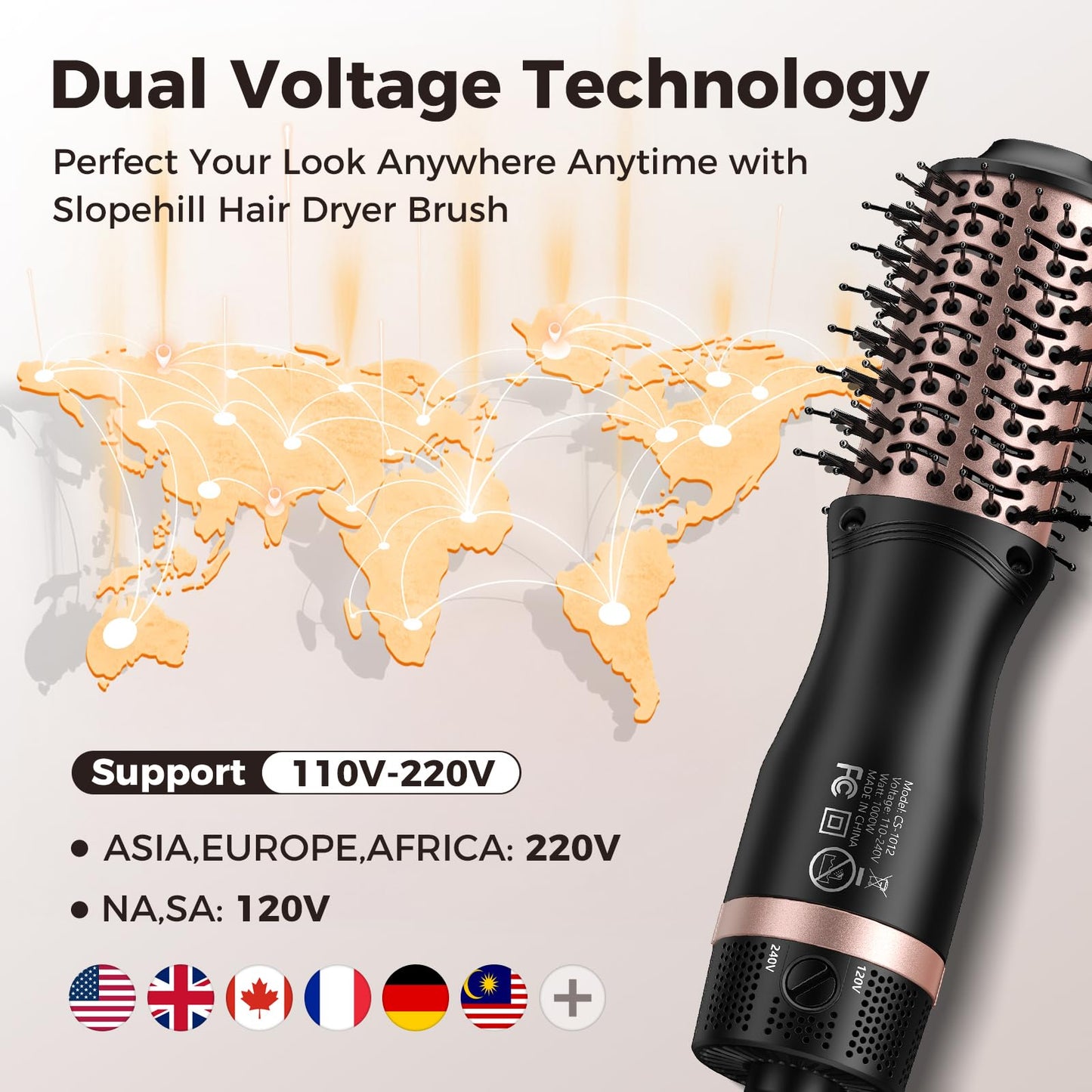 slopehill Mini Dual Voltage Hair Dryer Brush,1000 Watts Travel Hot Air Brush with European Plug, Ionic One Step Hair Dryer and Styler for Women for Home & Salon, Oval Barrel 2 Heat & 2 Speed Settings
