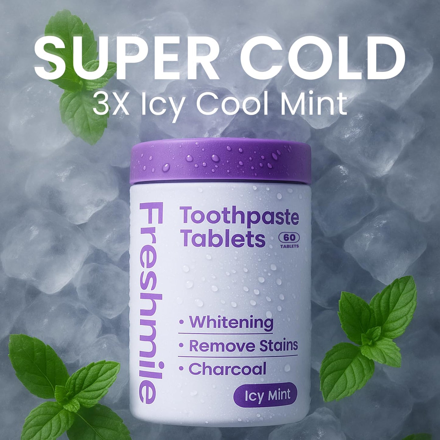 Freshmile Whitening Toothpaste Tablets with Nano-Hydroxyapatite (NHA) for Smokers, Super Cold, Fluoride-Free, Charcoal Powder Whitening, Deep Clean, Enamel Repair, Travel-Friendly Tabs (60 Count)