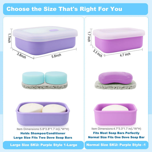 Leak Proof Travel Soap Case,Solid Shampoo Bar Holder, Silicone Soap Container with Draining Layer, Portable Bar Soap Holder for Bathroom, Camping, Gym, Easy to Clean (Purple, Large)