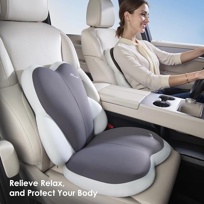 FLORICH Car Seat Cushion and Back Support for Car Ultrathick Memory Foam Office Chair Cushions with Lumbar Support Pillow for Sciatica & Back & Tailbone Pain Relief (Grey)