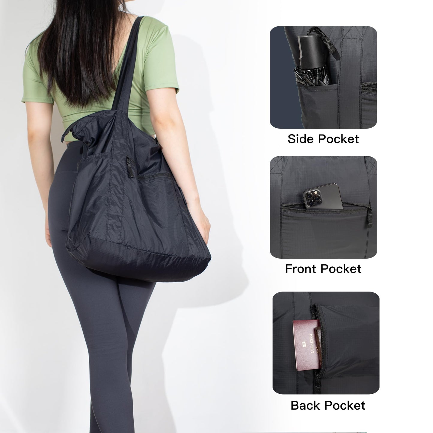 Fynarzel 0.03mm ultra-thin Foldable Lightweight Tote Bag Nylon for Travel Duffel,Polyester Packable Totes with Zipper, 23-28L Collapsible Compact Large for Women and Men,Black