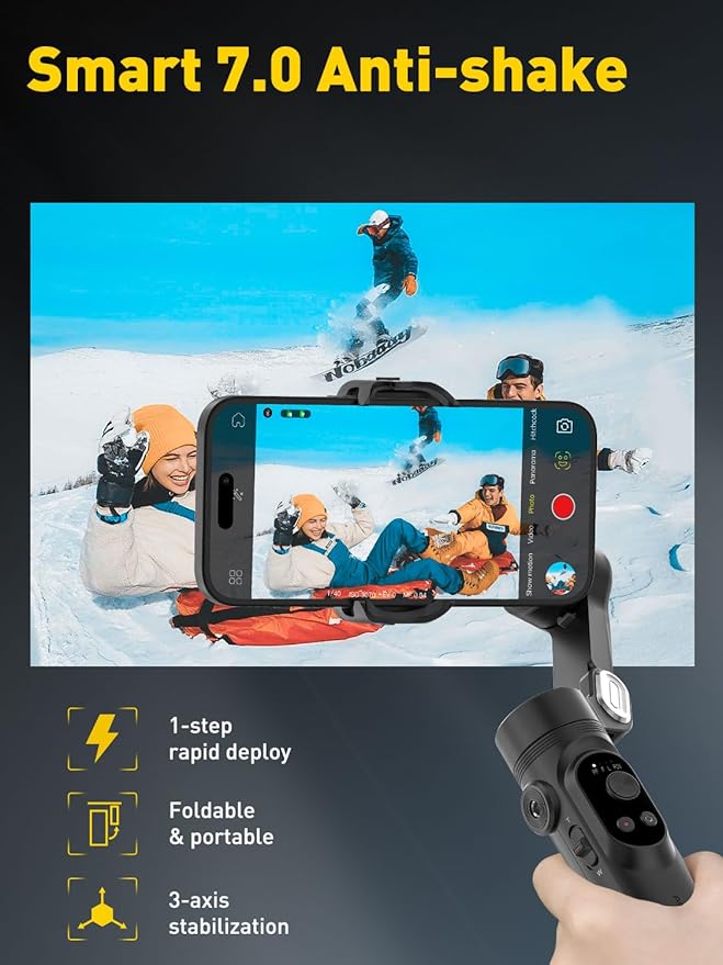 3-Axis Gimbal Stabilizer for iPhone 15/14/13 Pro Max Android,Foldable Smartphone Gimbal w/Built-in Fill Light,1/4 Thread,Professional Anti-Shake Video Record for TikTok YouTube(Smart X Black)