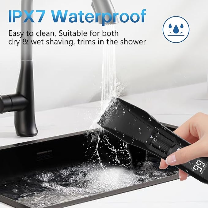 Beard Trimmer for Men, 20 Length Adjustable, Cordless Waterproof Clippers, Stainless Steel T-Blade for Precision Facial Hair Trimming with 2 Guide Combs, Travel Lock, LED Display