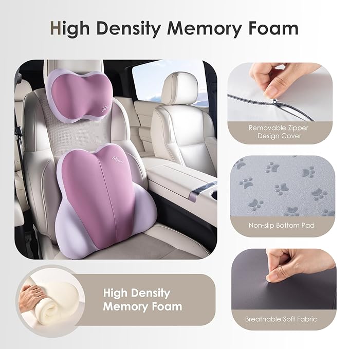 FLORICH Lumbar Support with Car headrest Back Pillow for Chairs Headrest Pillow for Car Ergonomic Ultrathick Memory Foam Back Pillow for Office Chair (Purple)
