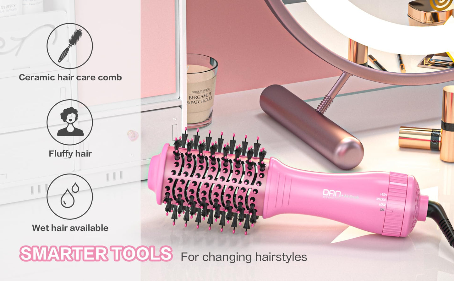 Dan Technology Blow Dryer Brush Hair Dryer Brush Hot Air Blowout Brush 120V 3 Speeds Oval Shape Volumizer Straightener Brush Faster Drying Mini Size Lightweight (Pink)